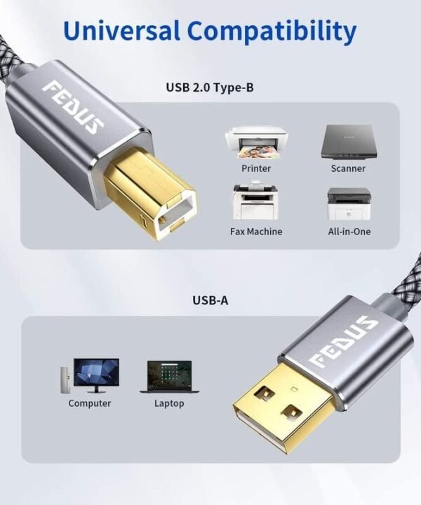 FEDUS 1.5 Meter USB Printer Cable, Nylon Braided Gold Plated USB A to Male To USB B 2.0 Cable - Image 2